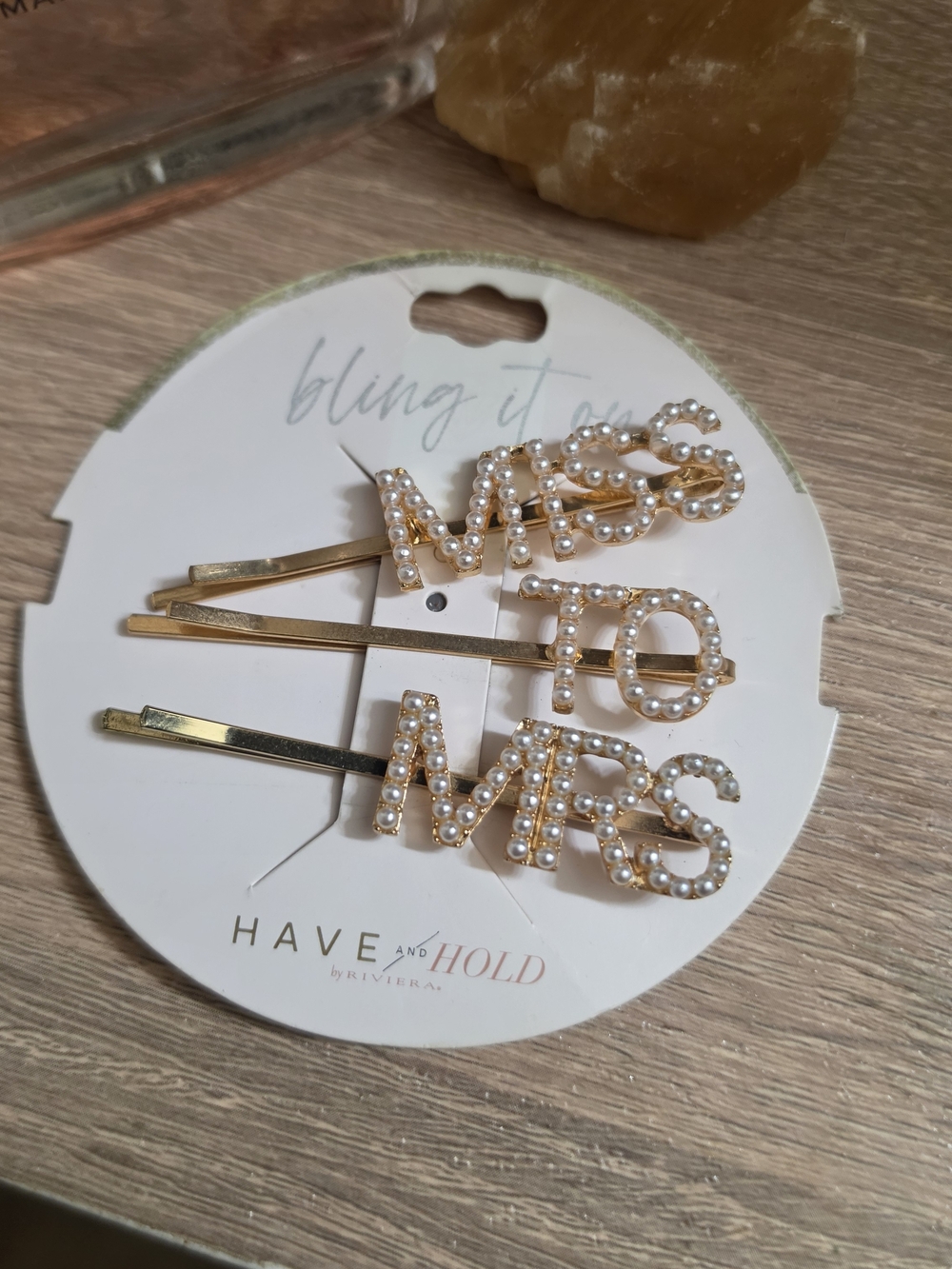 Pearl-Embellished 'MRS' Hair Clip Set - Gold/White